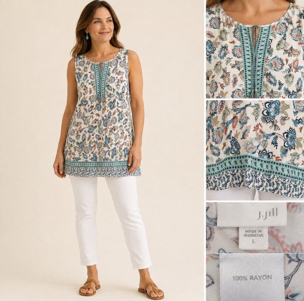 Boho J.Jill Women's Tassel Tie Tunic Tank Size L Floral Paisley Comfy Weekend